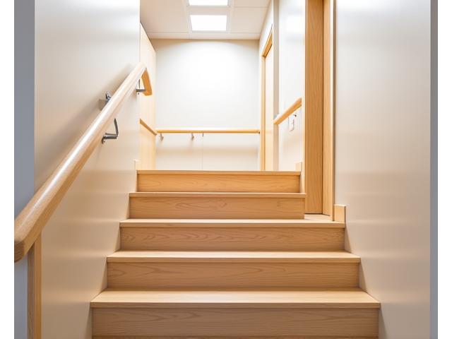 Clean, accessible wooden staircase with non-slip treads and sturdy handrails in a healthcare facility reception area.